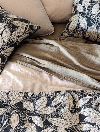 Housse de coussin en lin lavé imprimé végétal doublé coton lavé uni HELIOS
