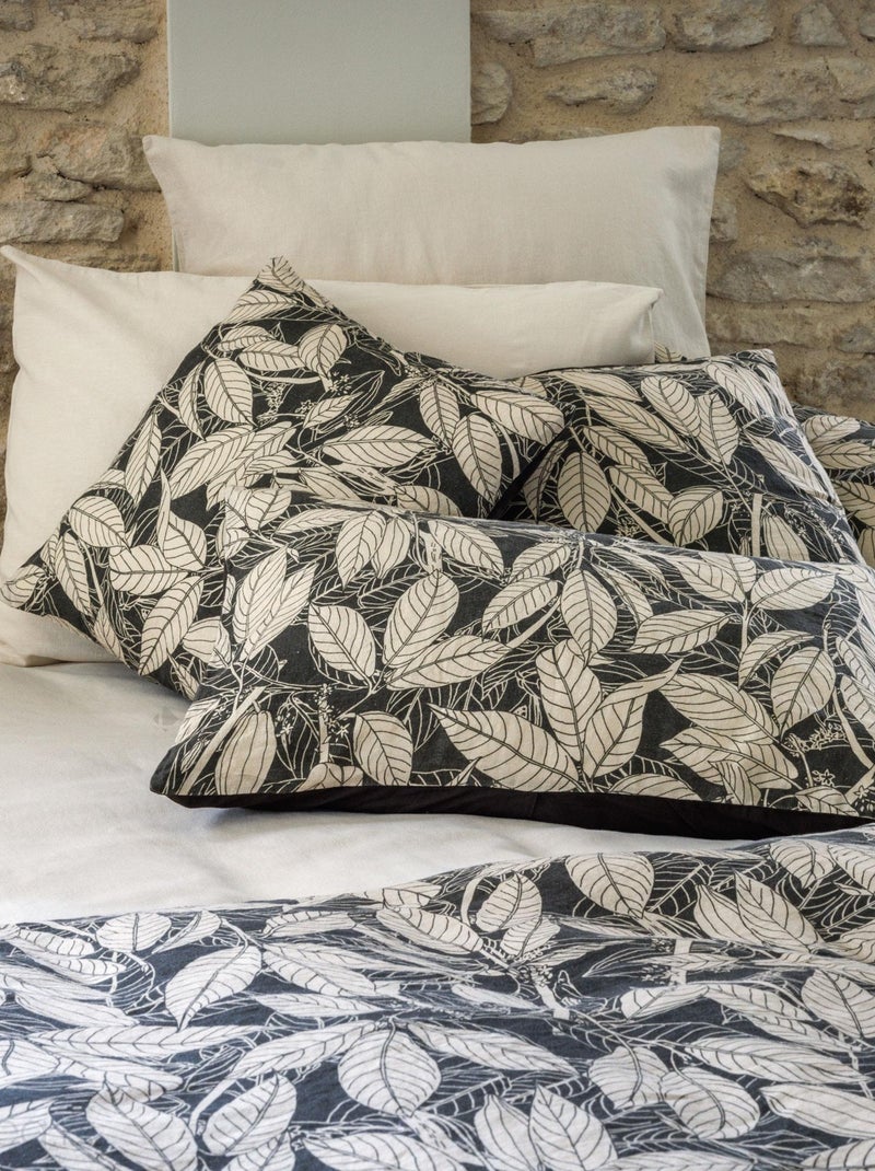 Housse de coussin en lin lavé imprimé végétal doublé coton lavé uni HELIOS Marron cappuccino - Kiabi