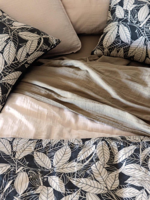 Housse de coussin en lin lavé imprimé végétal doublé coton lavé uni HELIOS - Kiabi