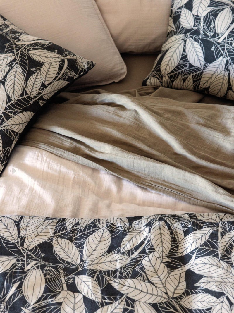 Housse de coussin en lin lavé imprimé végétal doublé coton lavé uni HELIOS Marron cappuccino - Kiabi