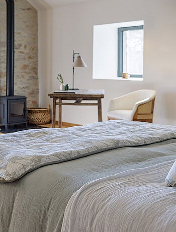 Housse de coussin en lin lavé imprimé végétal doublé coton lavé uni HELIOS