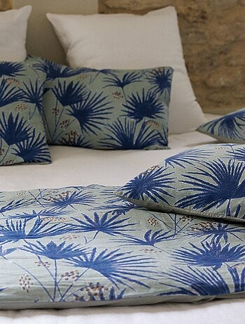 Housse de coussin en lin lavé imprimé végétal doublé coton lavé uni PALAWAN