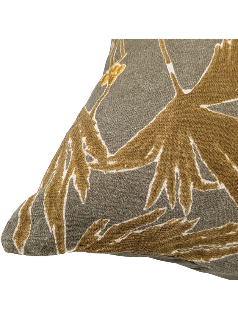 Housse de coussin en lin lavé imprimé végétal doublé coton lavé uni PALAWAN Kaki - Kiabi