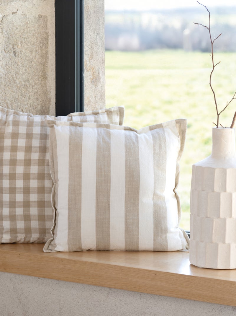 Housse de coussin rayures et vichy en coton flammé Beige - Kiabi