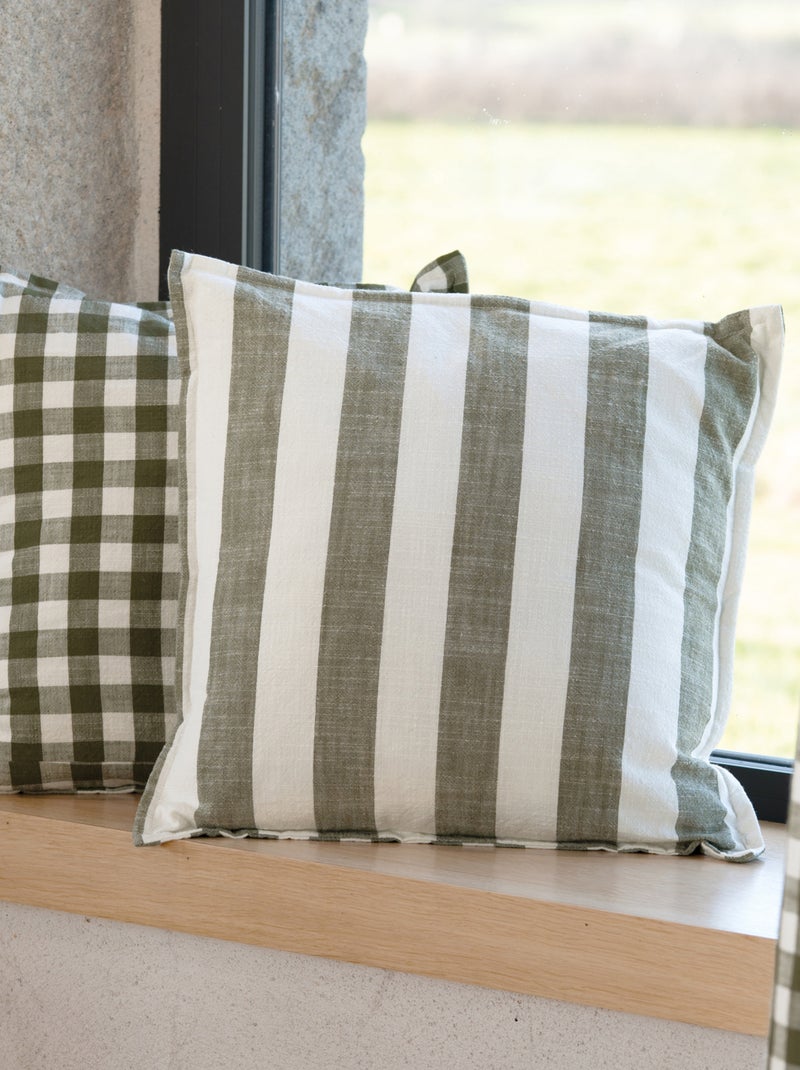 Housse de coussin rayures et vichy en coton flammé Kaki - Kiabi