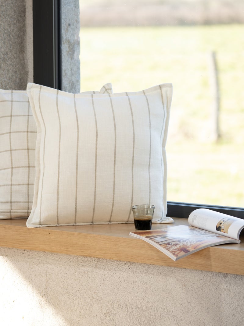Housse de coussin  recto-verso 100% coton rayures et carreaux LOURMARIN Beige - Kiabi