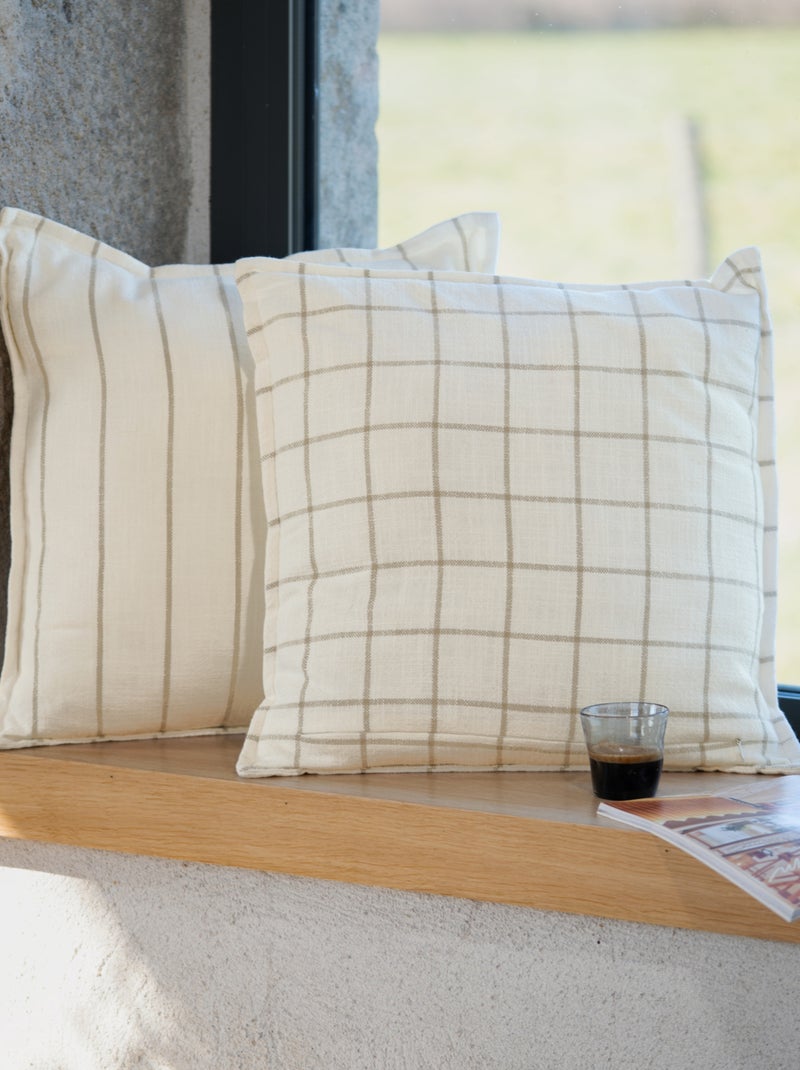 Housse de coussin  recto-verso 100% coton rayures et carreaux LOURMARIN Beige - Kiabi
