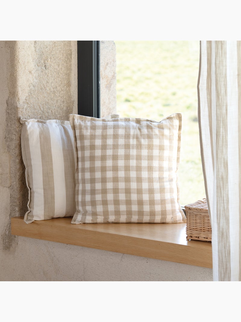 Housse de coussin recto-verso 100% coton rayures et vichy LOURMARIN Beige - Kiabi