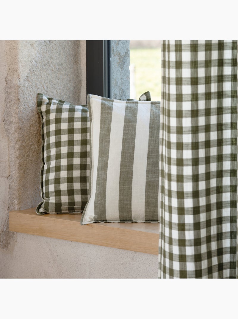 Housse de coussin recto-verso 100% coton rayures et vichy LOURMARIN Kaki - Kiabi