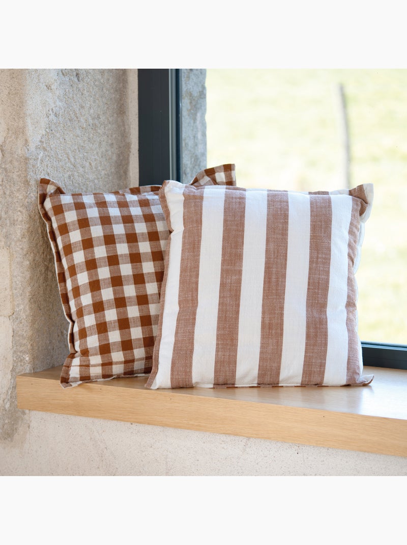 Housse de coussin recto-verso 100% coton rayures et vichy LOURMARIN Terracotta - Kiabi