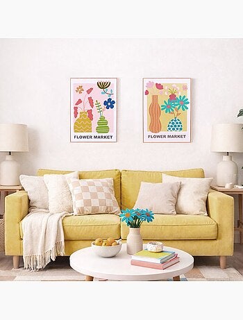 Image encadrée colorée avec fleurs brodées 45x60cm