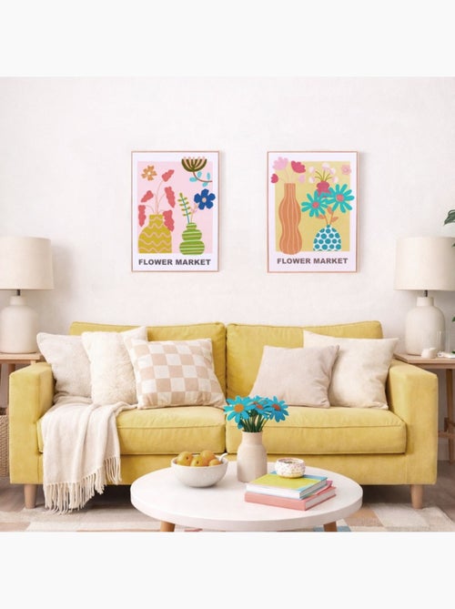 Image encadrée colorée avec fleurs brodées 45x60cm - Kiabi