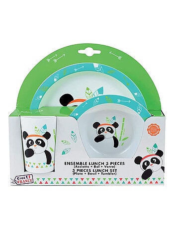 Indian Panda ensemble repas incluant 1 verre 220 ml, 1 assiette et 1 bol micro-ondables pour enfant
