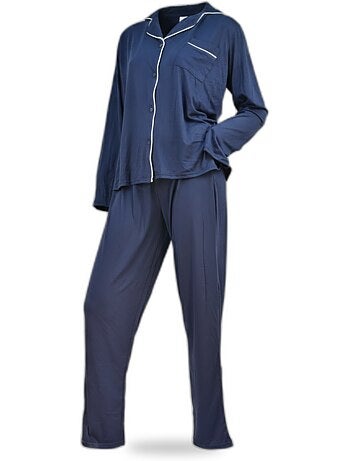 INFINITIF PARIS Ensemble Pyjama Long Femme Col Chemise Passepoil Blanc