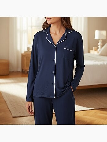 INFINITIF PARIS Ensemble Pyjama Long Femme Col Chemise Passepoil Blanc