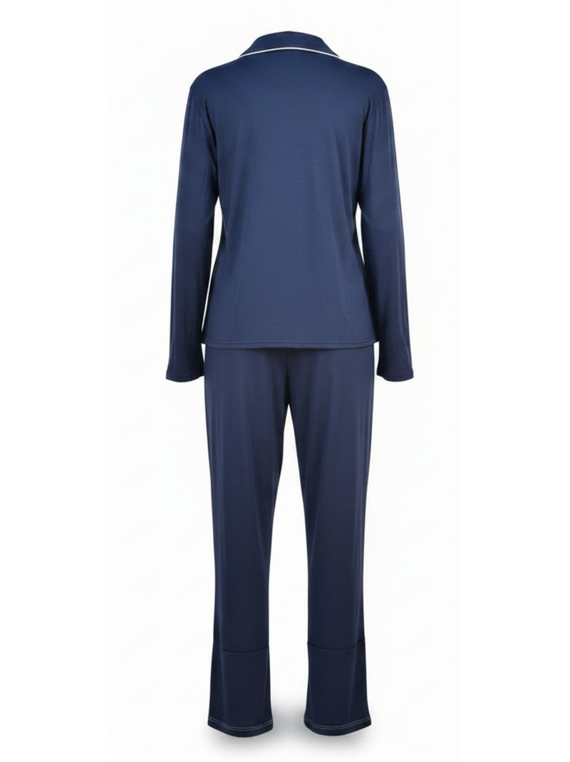INFINITIF PARIS Ensemble Pyjama Long Femme Col Chemise Passepoil Blanc Bleu marine - Kiabi