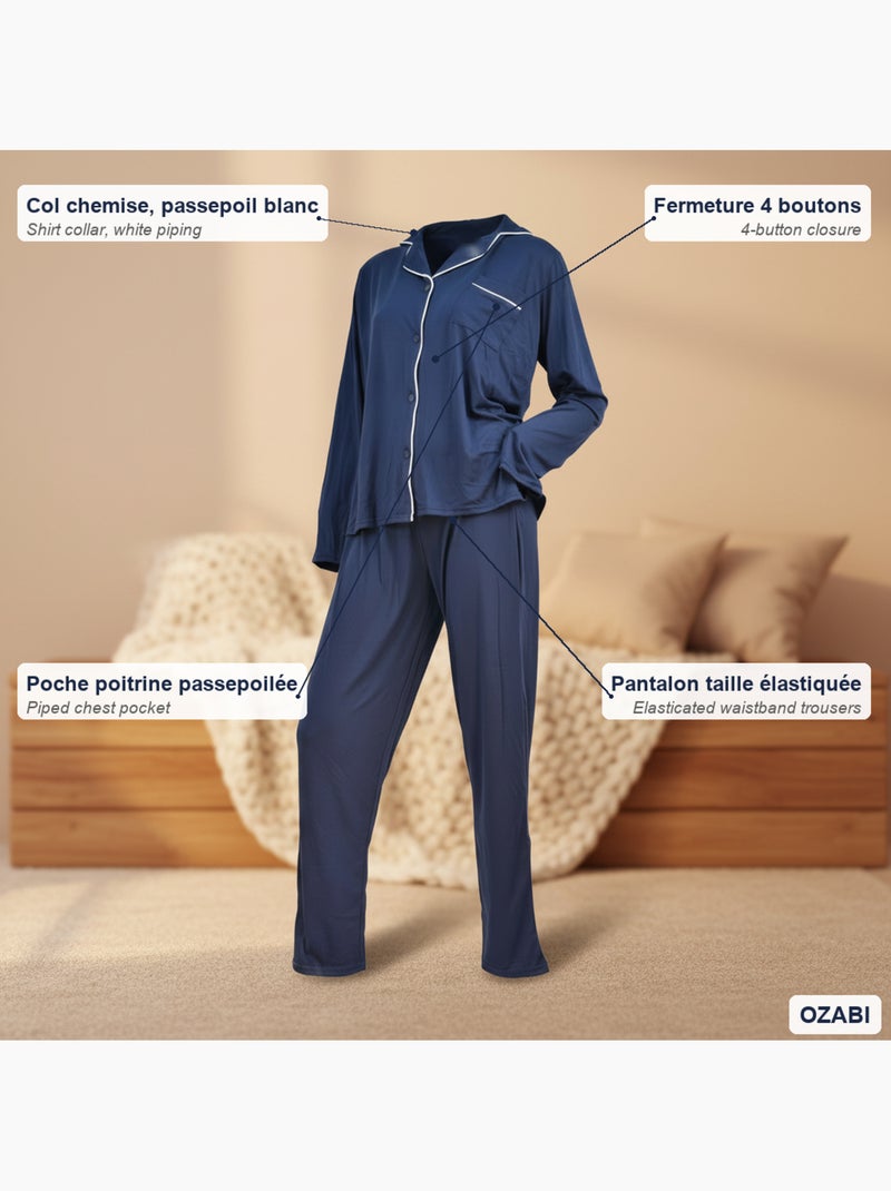INFINITIF PARIS Ensemble Pyjama Long Femme Col Chemise Passepoil Blanc Bleu marine - Kiabi