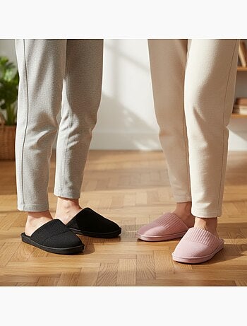 INFINITIF PARIS Pantoufles Mules Femme Pack 2 Paires Tige Côtelée Semelle Mousse