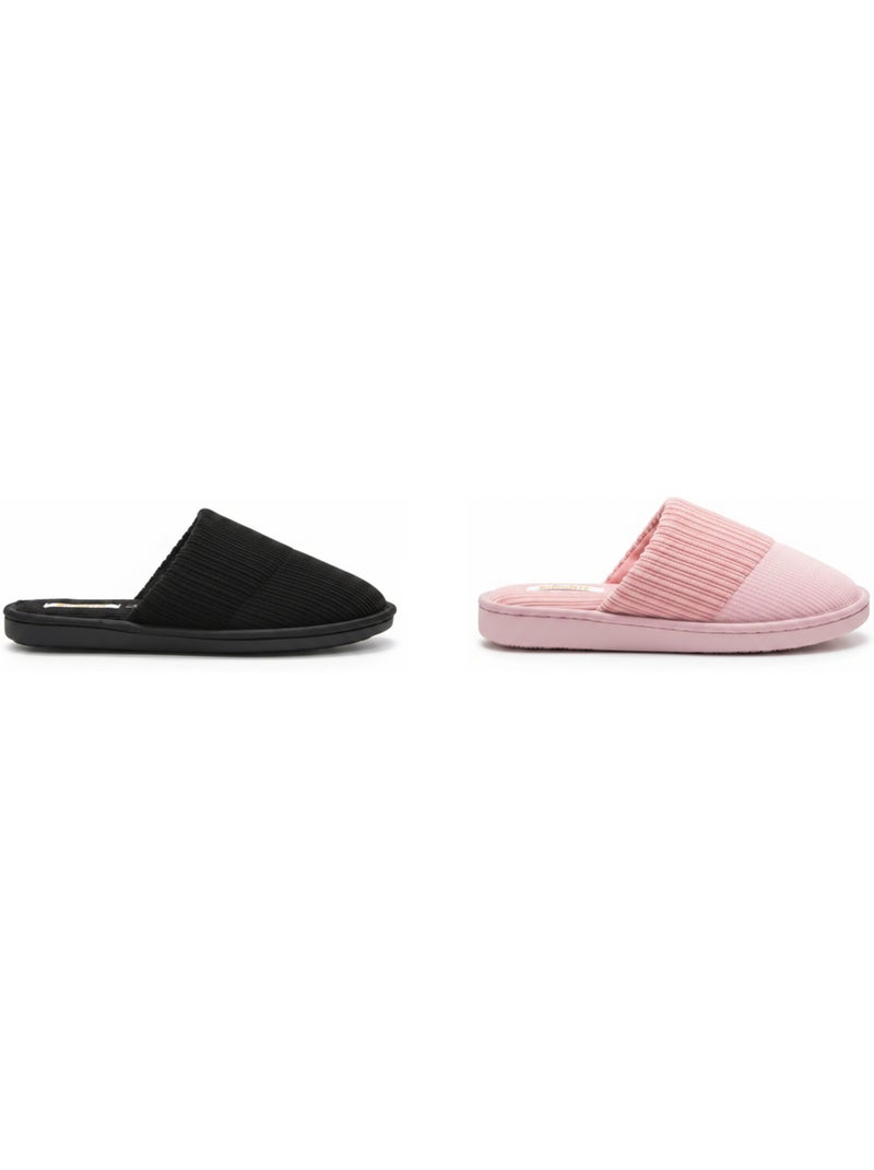 INFINITIF PARIS Pantoufles Mules Femme Pack 2 Paires Tige Côtelée Semelle Mousse Noir Rose - Kiabi