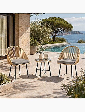 IPANEMA Ensemble de jardin 2 fauteuils et table basse effet rotin naturel
