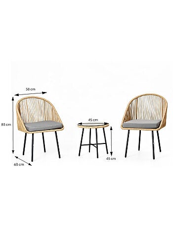 IPANEMA Ensemble de jardin 2 fauteuils et table basse effet rotin naturel
