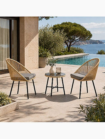 IPANEMA Ensemble de jardin 2 fauteuils et table basse effet rotin naturel