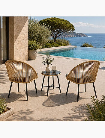 IPANEMA Ensemble de jardin 2 fauteuils et table basse effet rotin naturel
