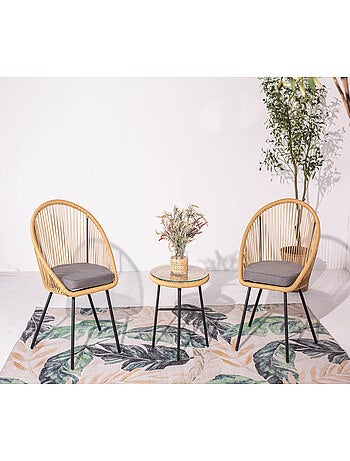 IPANEMA Salon de balcon 2 fauteuils et 1 table coussins gris