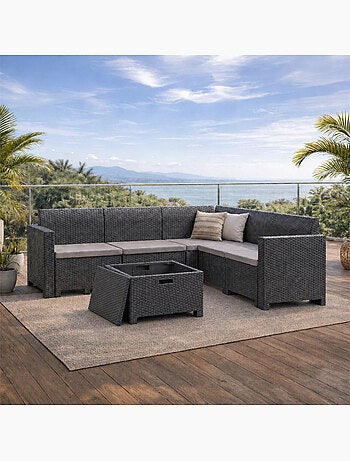 ISPARTA Salon de jardin 4-5 places effet résine tressée gris anthracite avec table basse