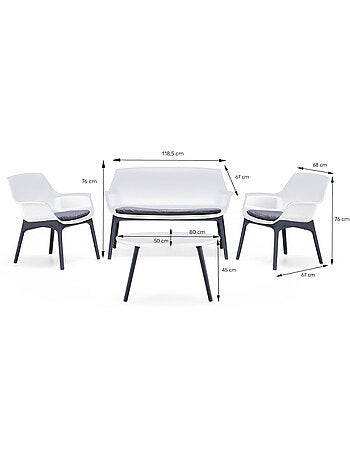 IZMIR Salon de jardin 4 places blanc avec table basse