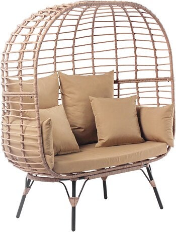 JANE Ensemble fauteuil sur pied effet rotin et repose-pieds avec coussin beige