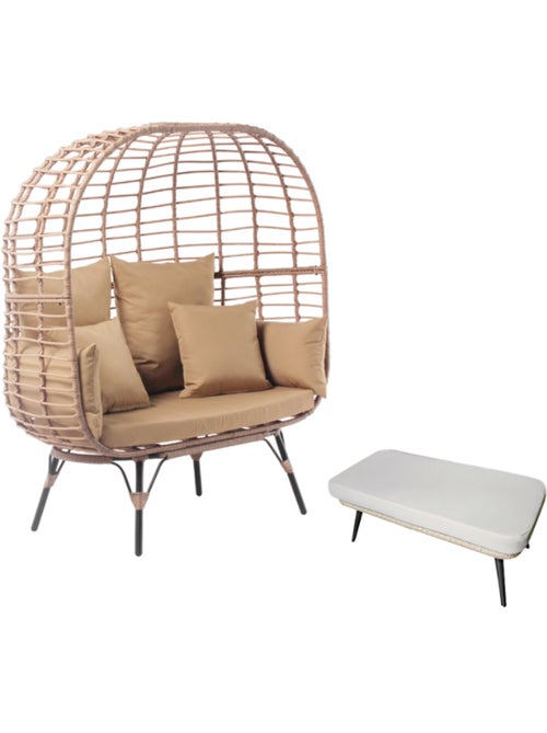 JANE Ensemble fauteuil sur pied effet rotin et repose-pieds avec coussin beige - Kiabi