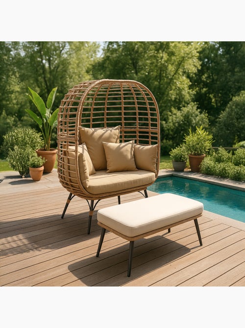 JANE Ensemble fauteuil sur pied effet rotin et repose-pieds avec coussin beige - Kiabi