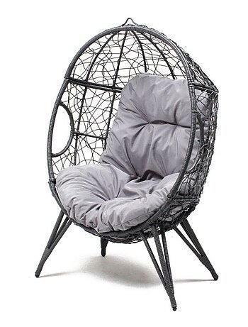 JANE Fauteuil œuf sur pied en résine gris effet rotin