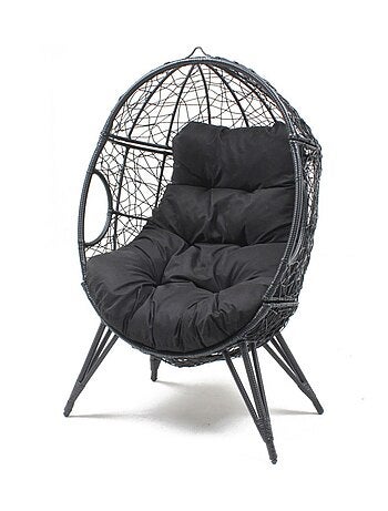 JANE Fauteuil œuf sur pied en résine gris effet rotin