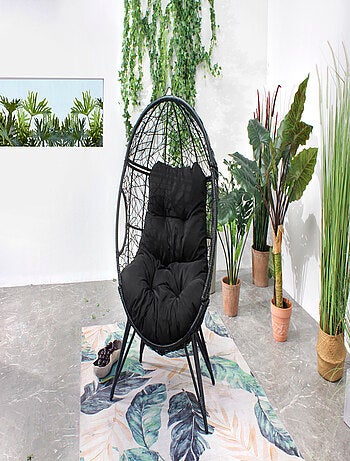 JANE Fauteuil œuf sur pied en résine gris effet rotin