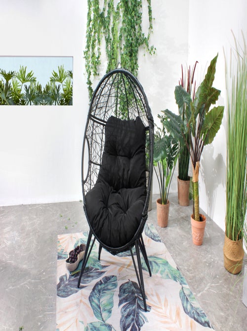 JANE Fauteuil œuf sur pied en résine noir effet rotin - Kiabi