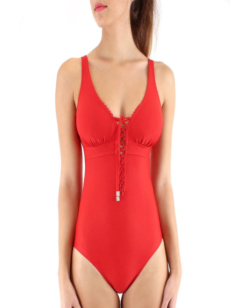 Janine Robin - Maillot 1 pièce sans armatures décolleté avec laçage Monaco bonnets B à D Rouge - Kiabi
