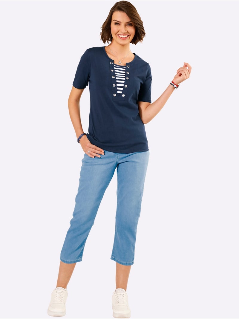 Jean 3/4 avec ceinture élastique et effet ventre plat - Taille standard - Moda Vilona Bleu Blanc - Kiabi