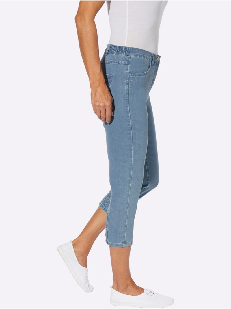 Jean 3/4 avec ceinture élastique et laçage décoratif - Taille standard - Moda Vilona Bleu Blanc - Kiabi