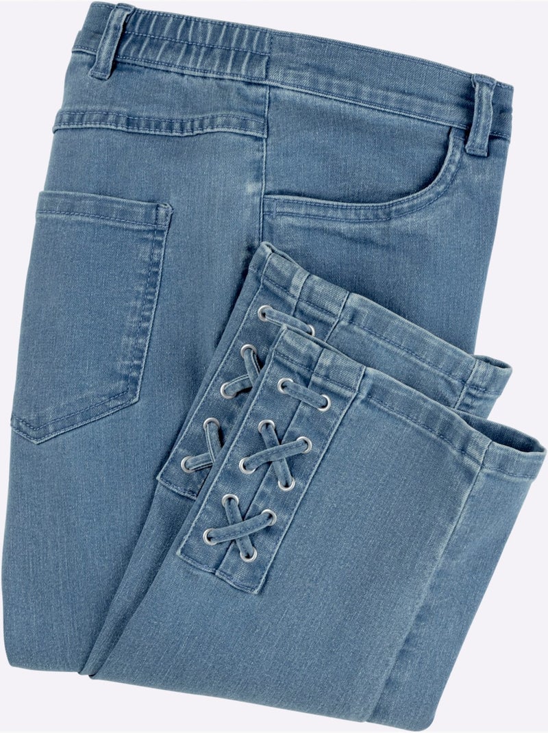Jean 3/4 avec ceinture élastique et laçage décoratif - Taille standard - Moda Vilona Bleu Blanc - Kiabi