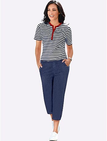 Jean 3/4 droit avec ceinture élastique et détails décoratifs - Taille standard - Moda Vilona