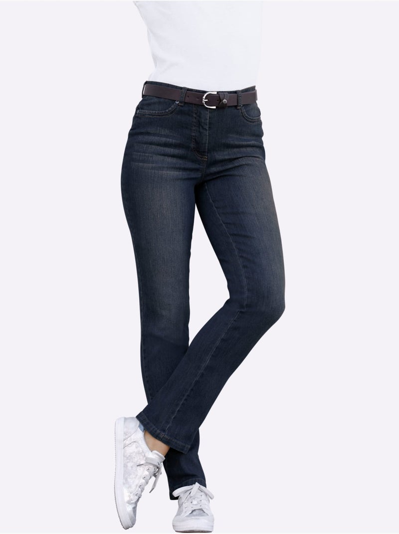 Jean 5 poches avec ceinture à passants et fermeture à glissière - taille courte - witt Bleu foncé - Kiabi