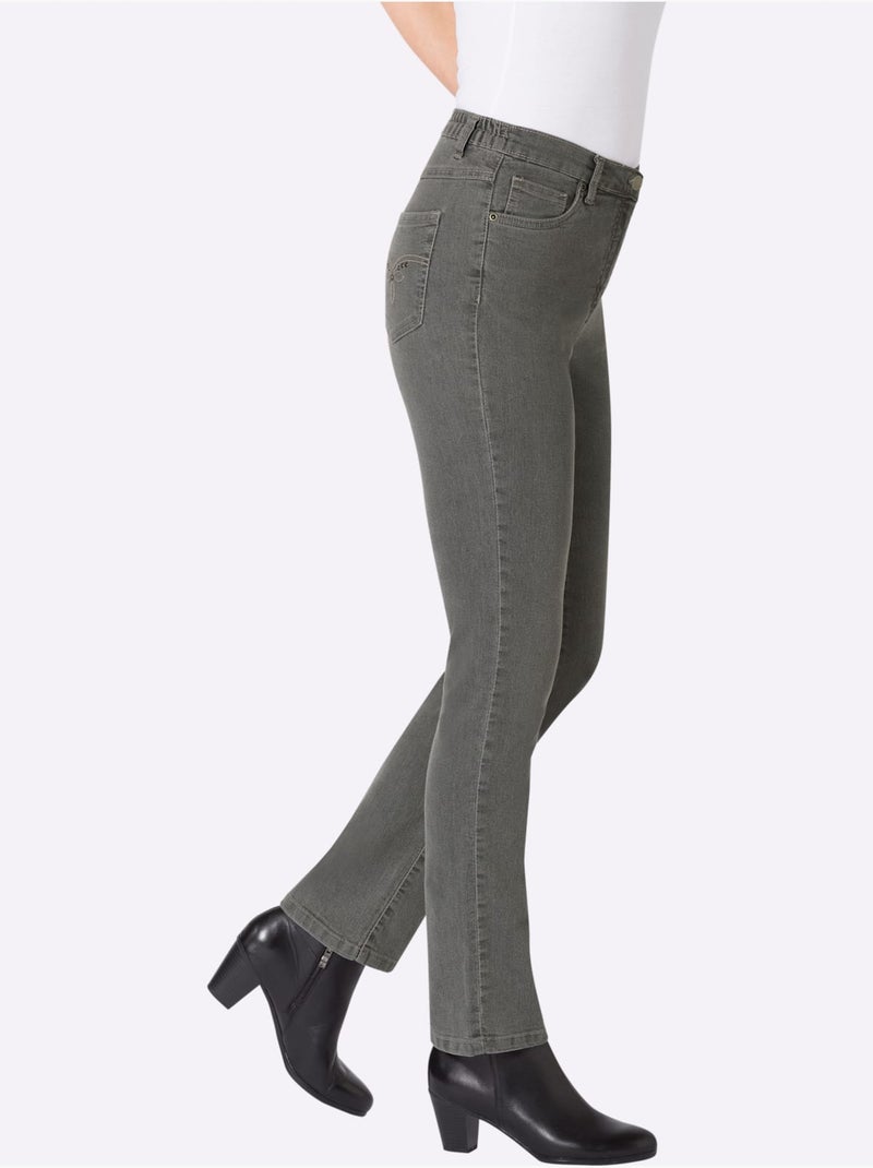 Jean 5 poches avec ceinture élastique et broderie décorative - Taille courte - Moda Vilona Gris - Kiabi