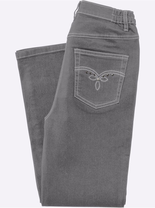 Jean 5 poches avec ceinture élastique et broderie décorative - Taille courte - Moda Vilona - Kiabi