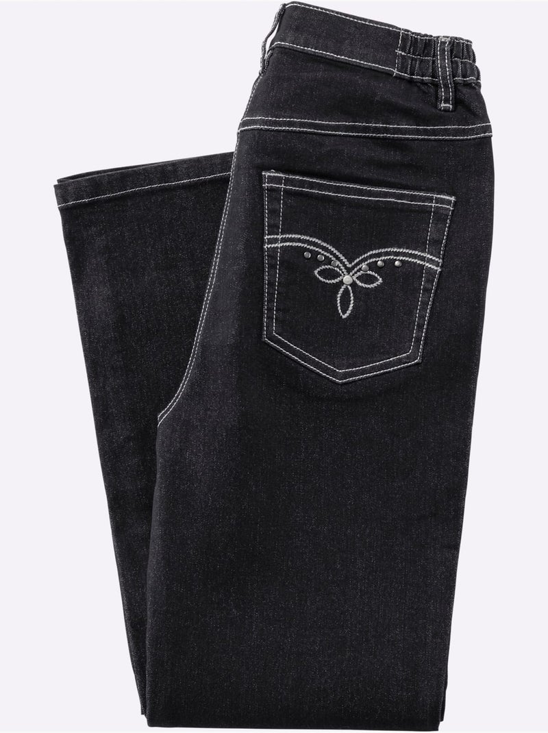 Jean 5 poches avec ceinture élastique et broderies décoratives - Taille standard - Moda Vilona Noir - Kiabi