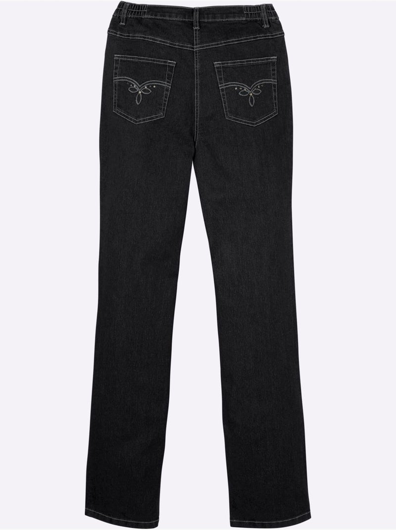 Jean 5 poches avec ceinture élastique et broderies décoratives - Taille standard - Moda Vilona Noir - Kiabi