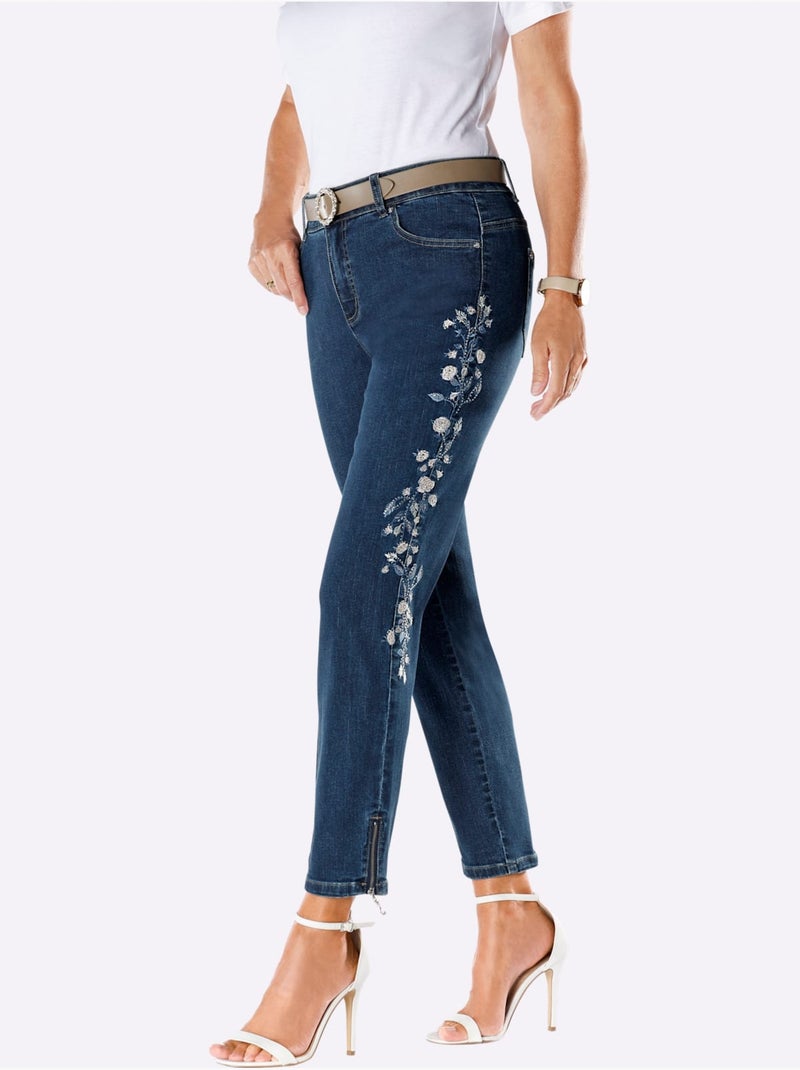 Jean 5 Poches Broderie Et Pierres Brillantes - Taille Courte - Witt Bleu jean - Kiabi