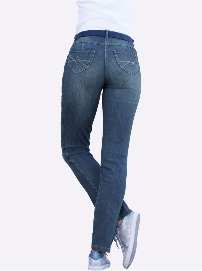 Jean 5 poches en coton avec ceinture à passants et effet délavé - taille courte - witt Bleu jean - Kiabi