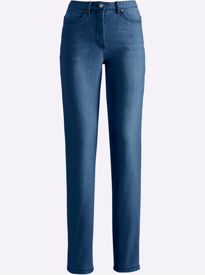 Jean 5 poches en coton avec ceinture à passants et effet délavé - taille courte - witt Bleu jean - Kiabi